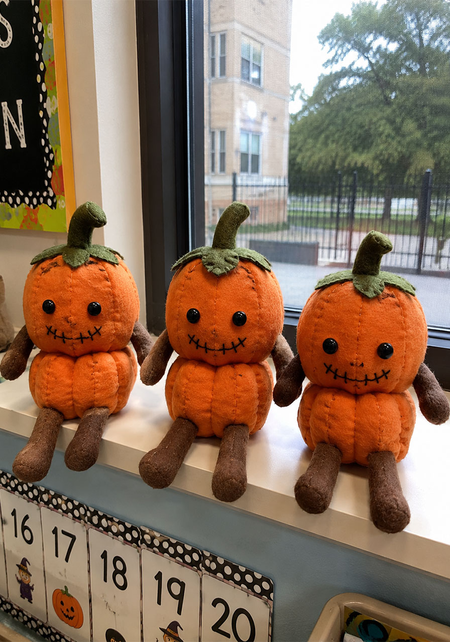 Handmade pumpkin-shaped dolls displayed on a classroom windowsill for Halloween