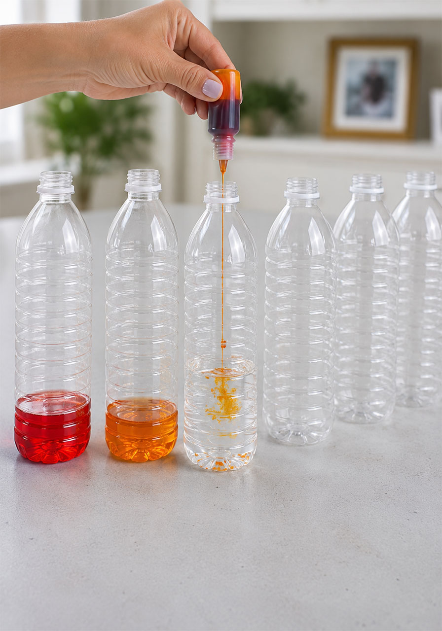 Adding food coloring to vinegar for the rainbow balloon experiment