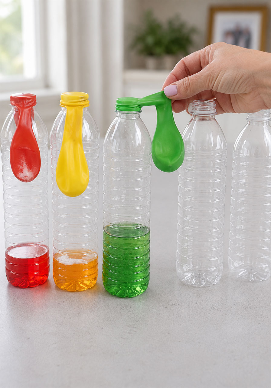 Attaching a baking soda filled balloon to a bottle of colored vinegar