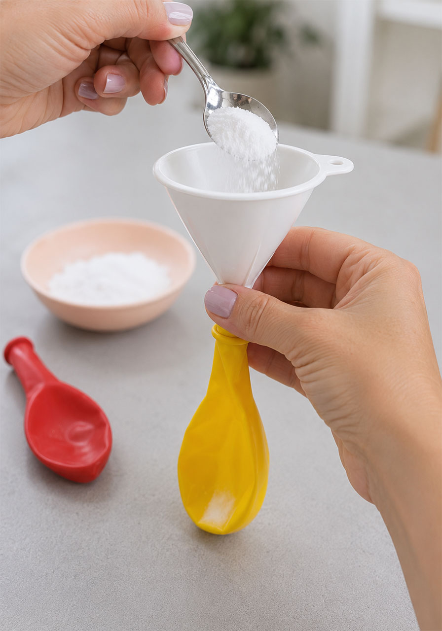 Using a funnel to fill a balloon with baking soda for the rainbow balloon experiment