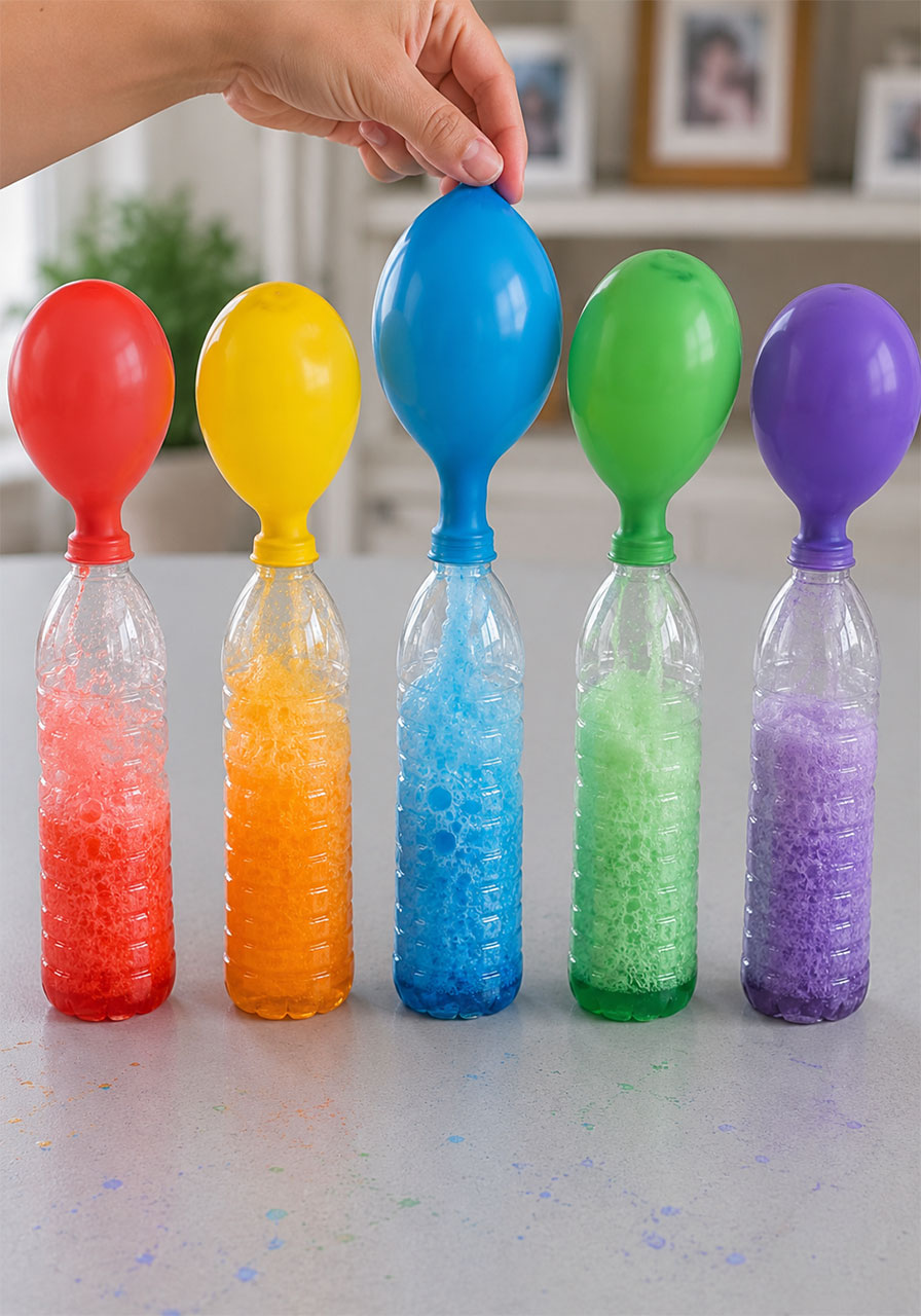 Baking soda and vinegar reaction inflating balloons during the rainbow balloon experiment