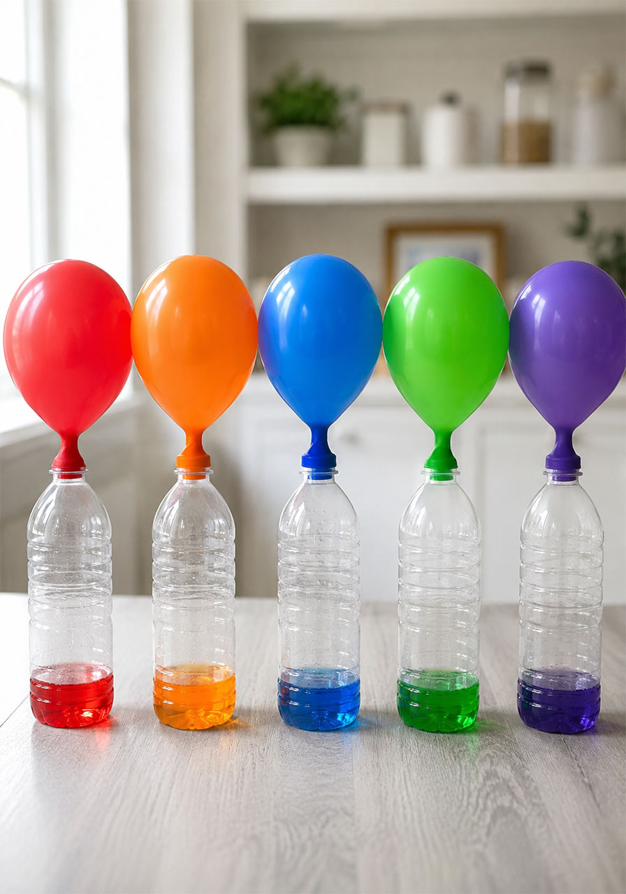 Five inflated rainbow balloons standing on bottles after the rainbow balloon experiment