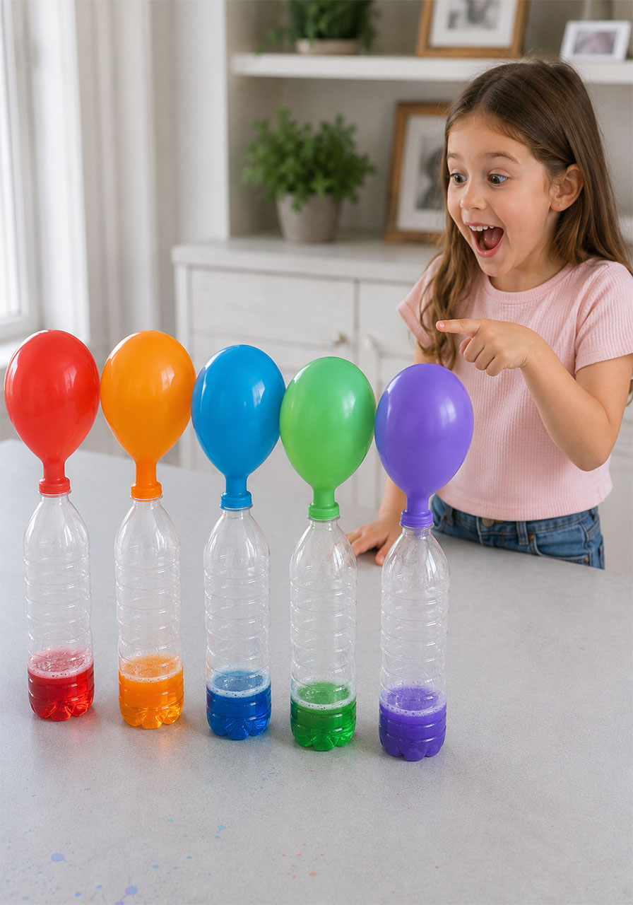 Child amazed by the finished rainbow balloon experiment with five inflated balloons