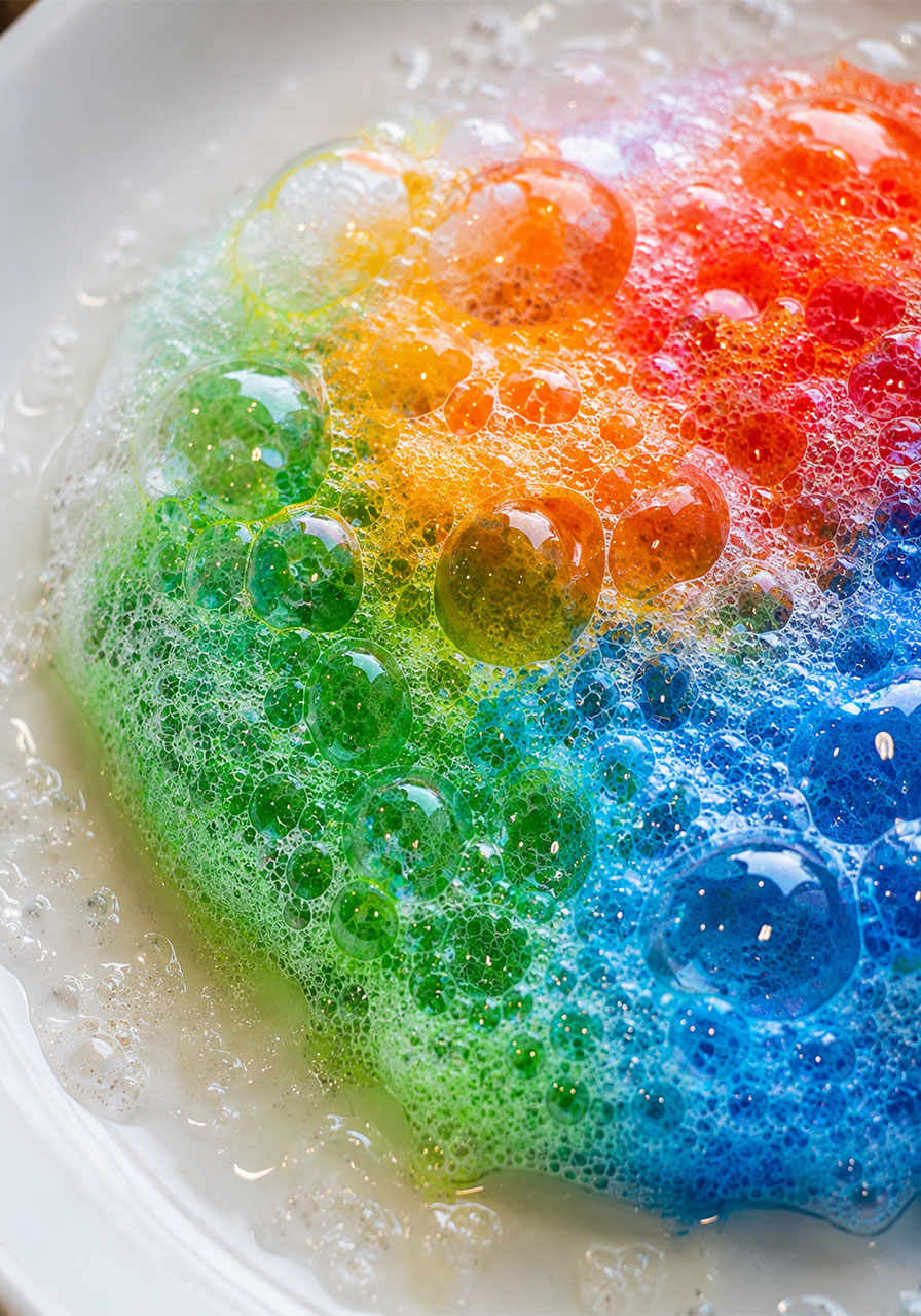 Close-up texture of colorful soapy bubble foam from STEM activity
