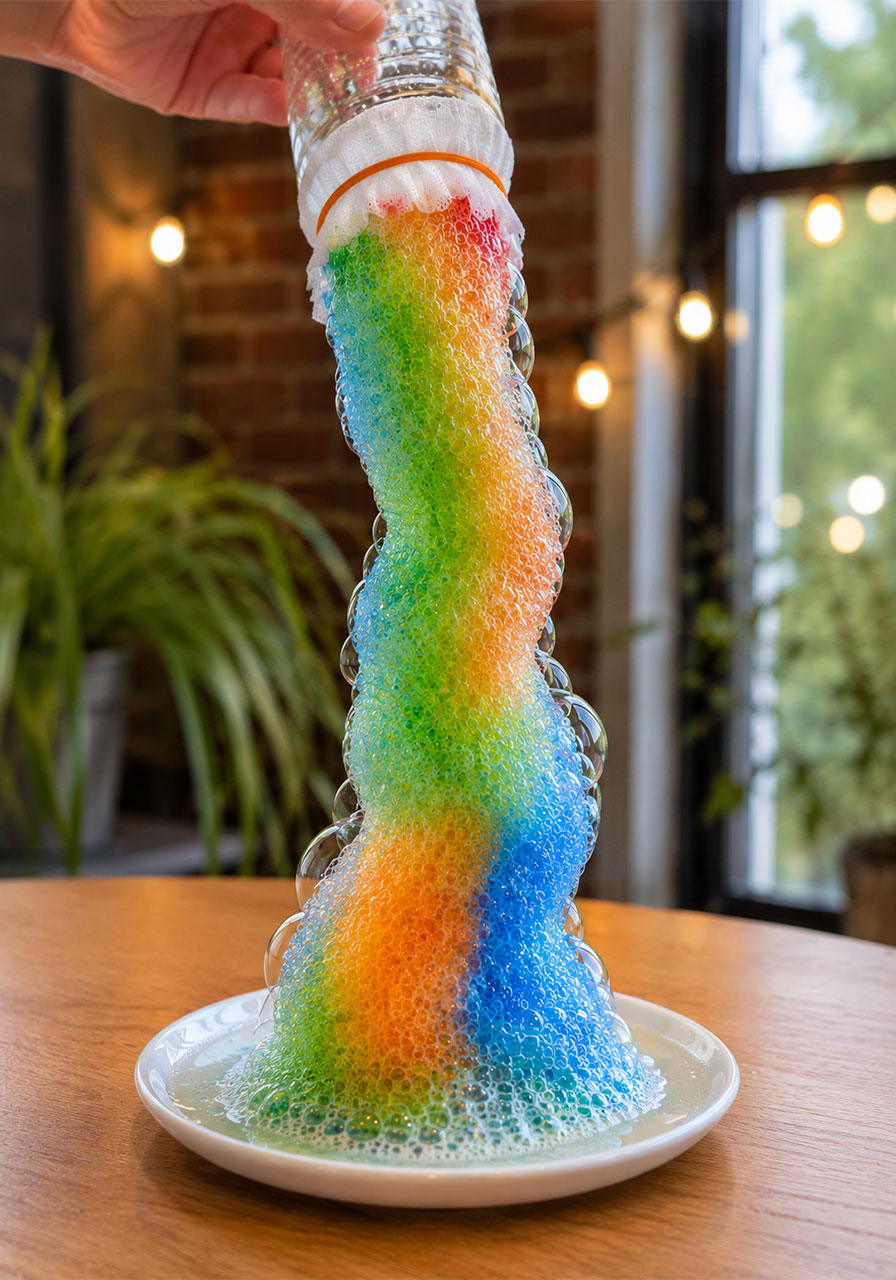 Tall rainbow bubble snake tower growing from bottle during STEM experiment