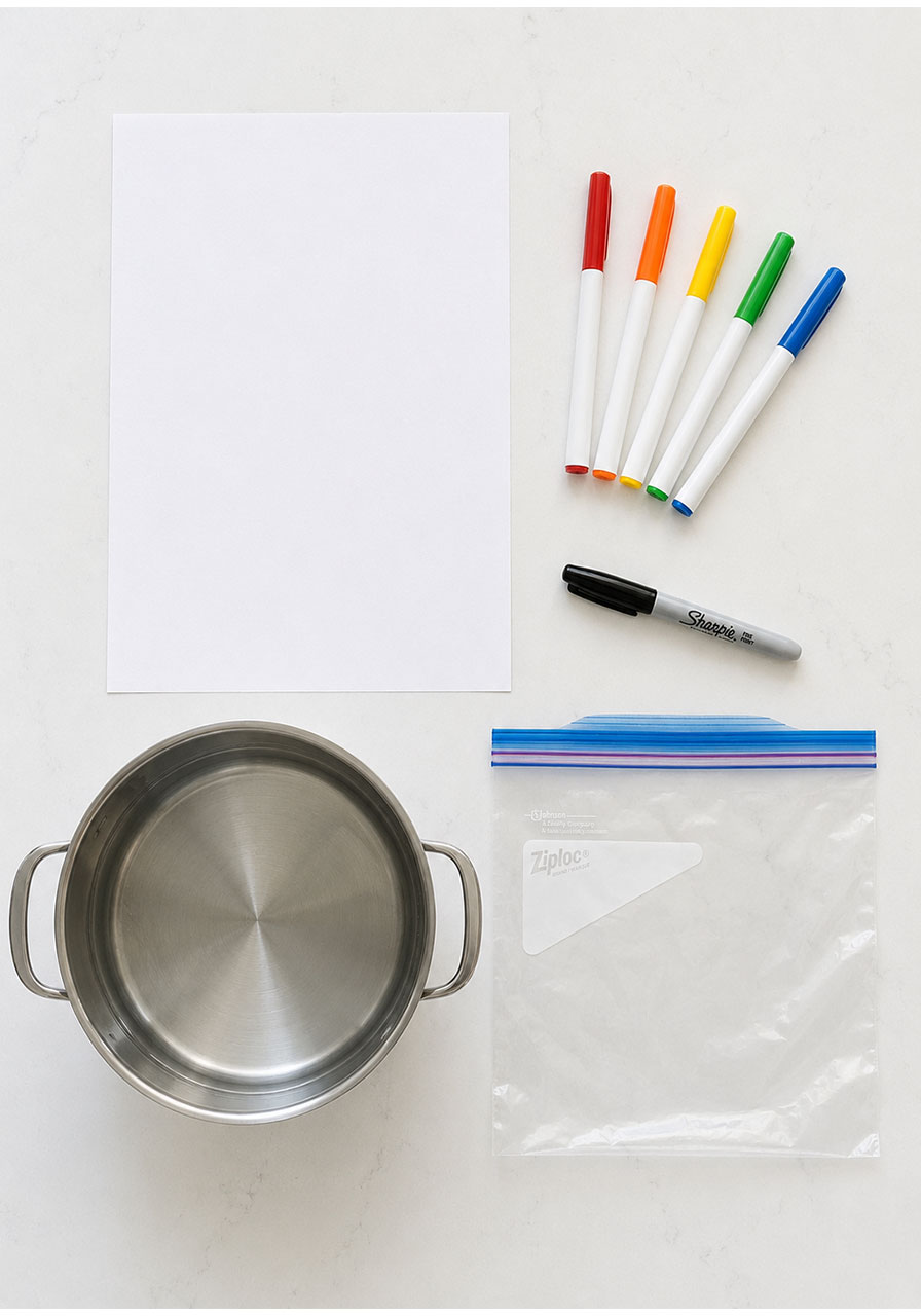 Simple supplies needed for rainbow water refraction science experiment including paper, markers, Sharpie and Ziploc bag