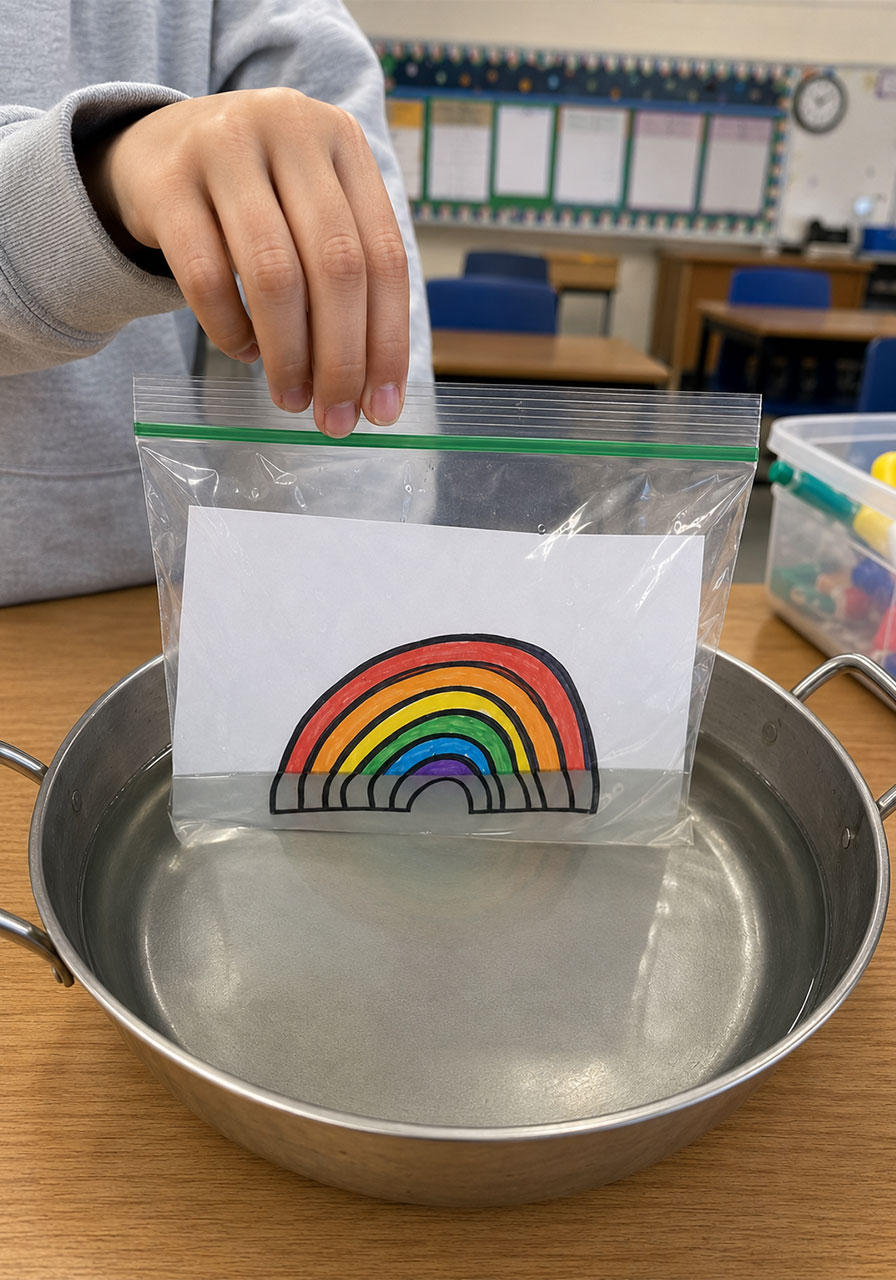 Rainbow drawing disappearing underwater in water refraction science experiment
