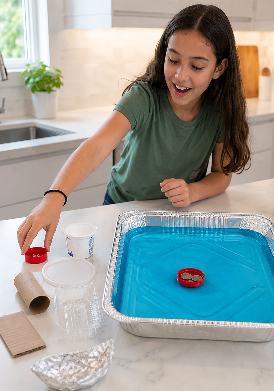 Recyclable bottle cap floating in water holding coins during STEM science experiment