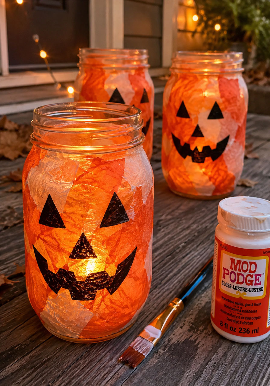 Recycled glass jar luminaries decorated with tissue paper pumpkin faces