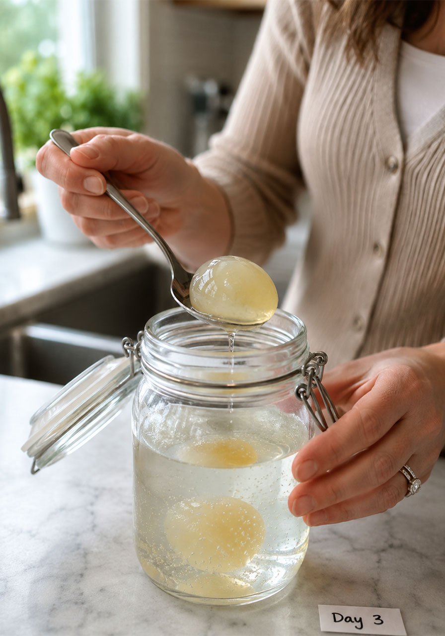 Carefully lifting the finished shell-less ghost egg out of the jar with a spoon