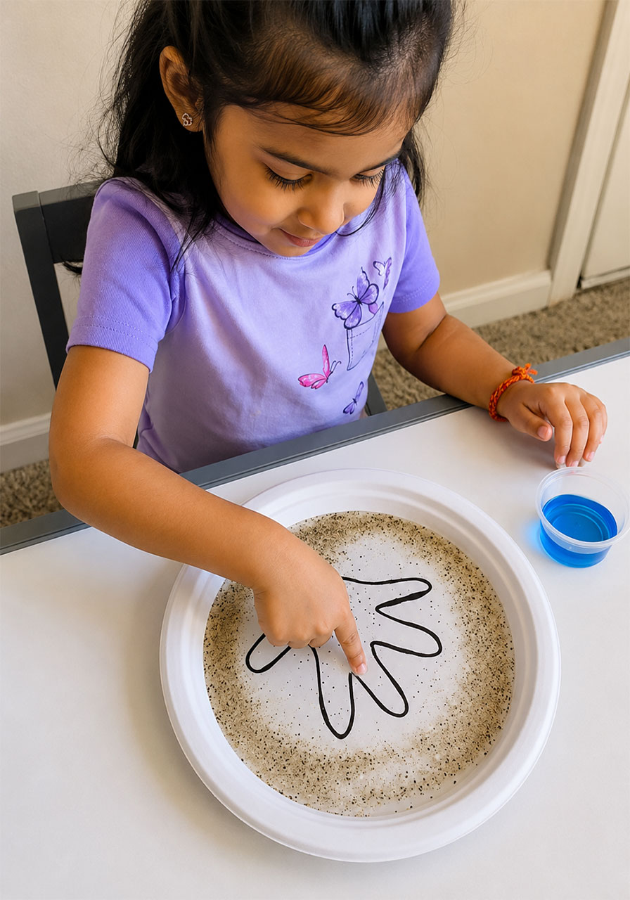 Toddler repeating the soap and pepper experiment to observe the reaction again