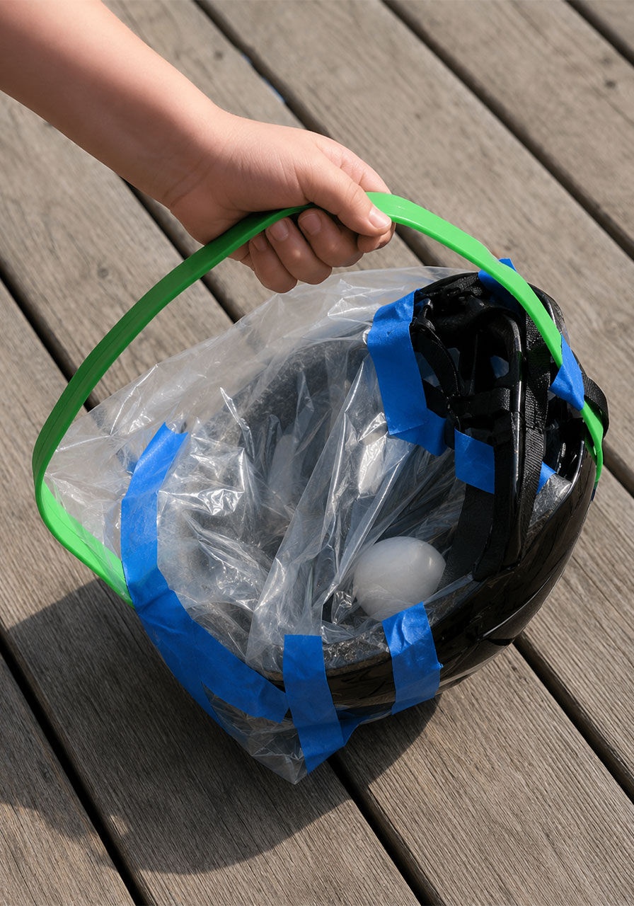 Repurposed bike helmet used as an egg drop STEM contraption
