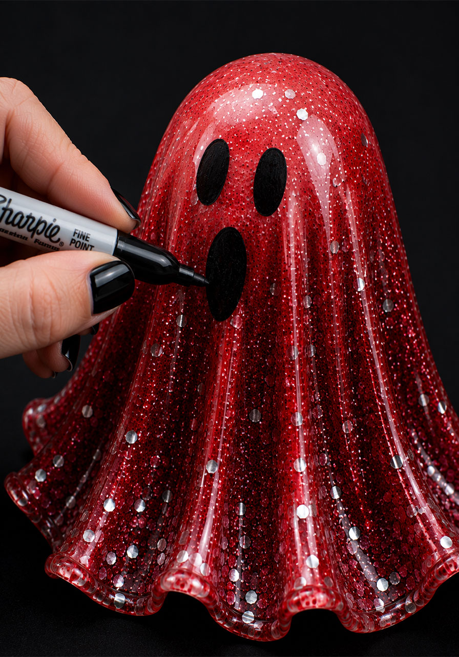 Drawing a spooky face on finished DIY resin ghost with Sharpie marker