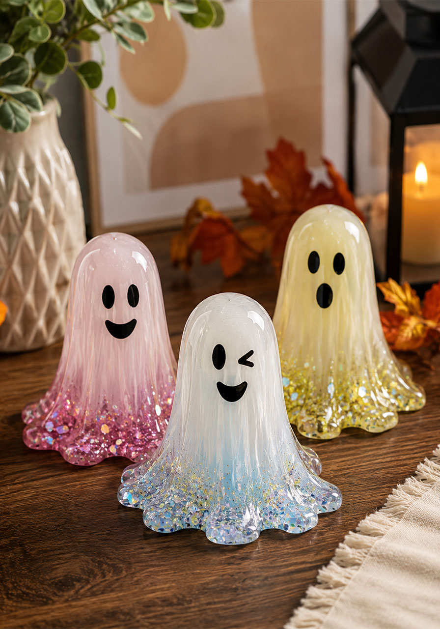 Three colorful DIY resin ghosts with glitter bases displayed as Halloween decor