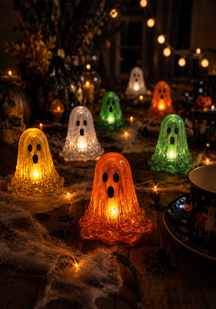 Resin ghost Halloween party table display with string lights and glow