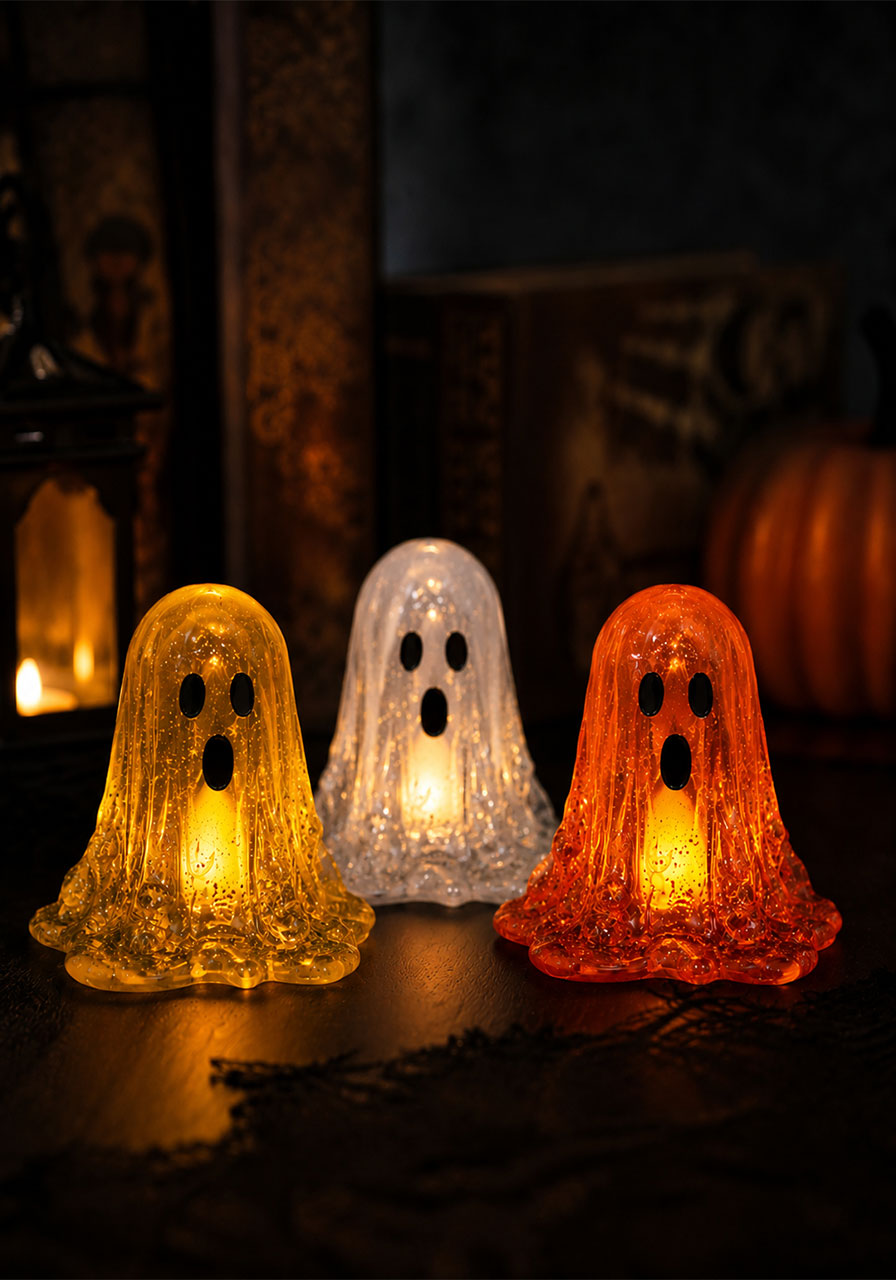 Glowing resin ghosts lit from within with flameless tea lights