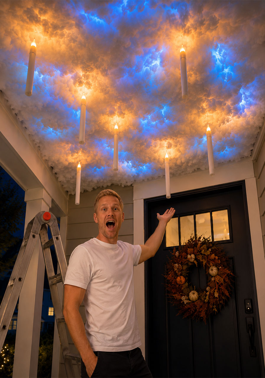 Excited homeowner revealing finished floating Halloween candle ceiling DIY