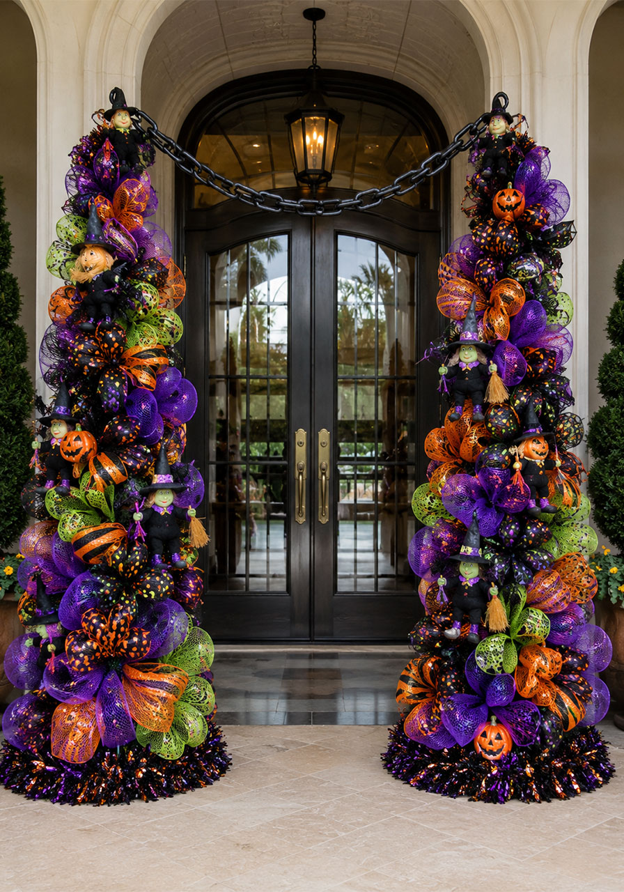 Colorful ribbon and deco mesh Halloween tree arch entrance decoration
