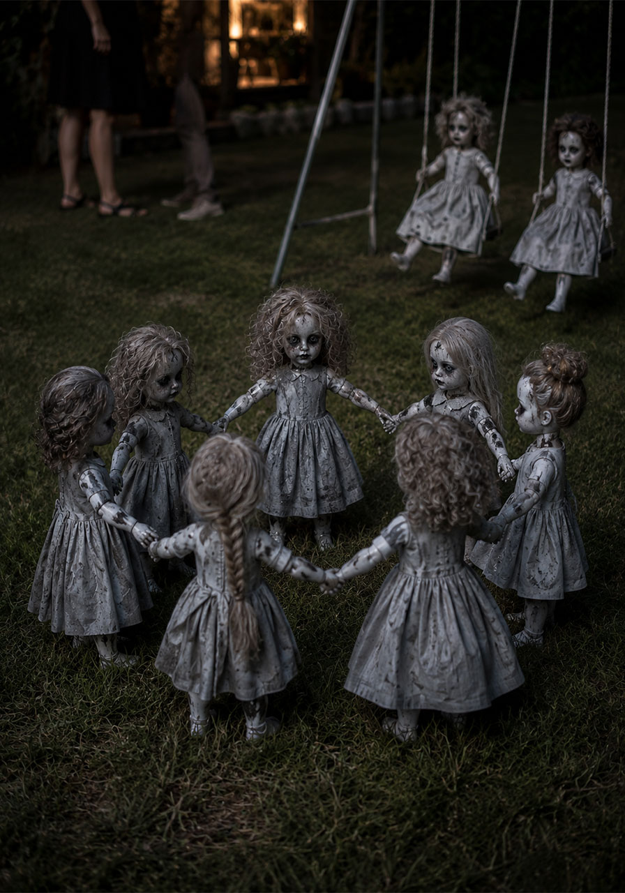 Dolls linked in a circle formation for ring-around-the-rosie Halloween yard decor