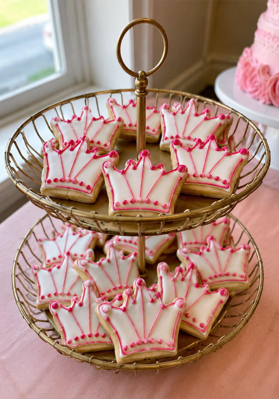 Pink and white royal crown sugar cookies stacked on a tiered stand for a princess birthday party