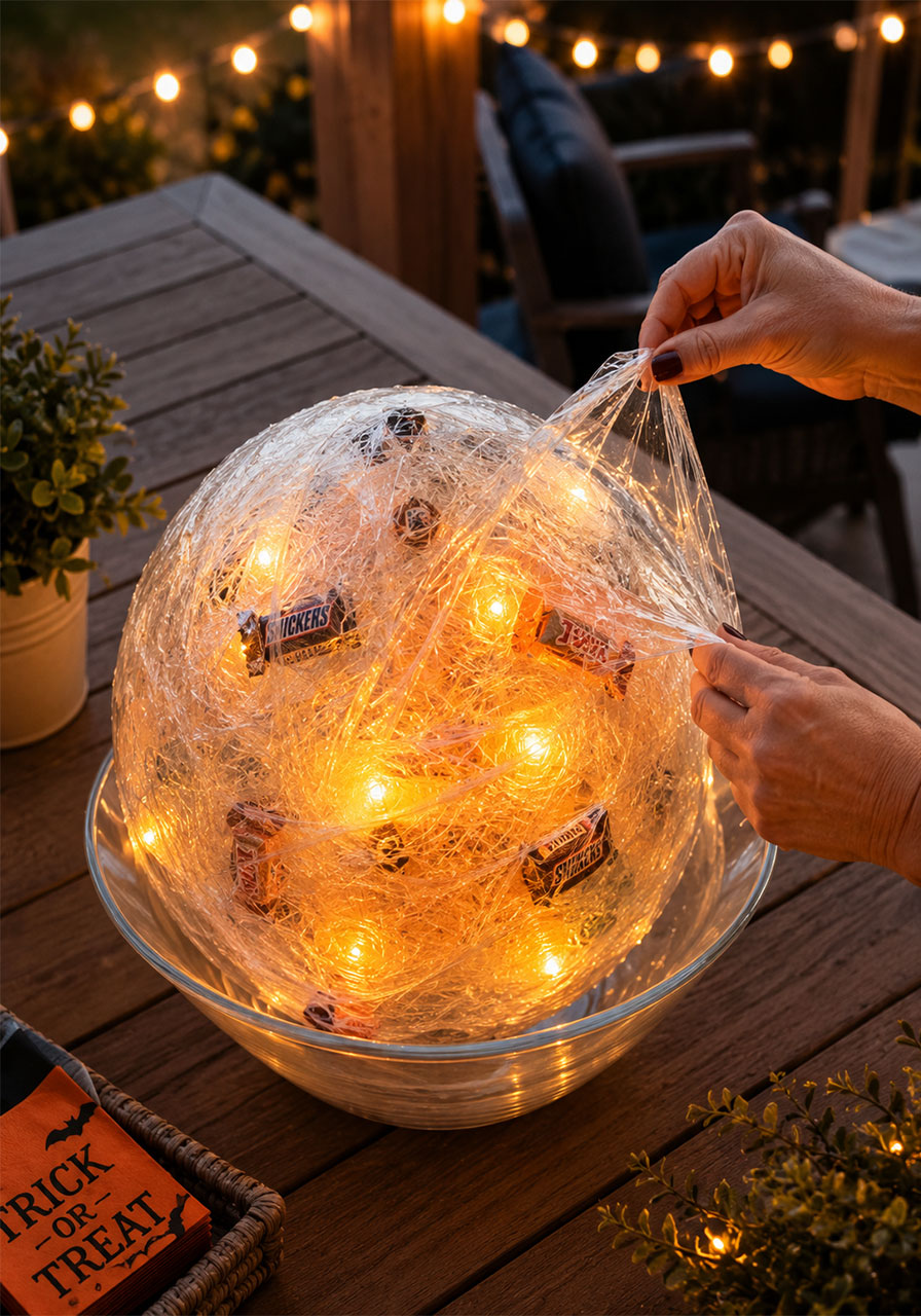 Glowing saran wrap luminary ball filled with candy for Halloween walkway