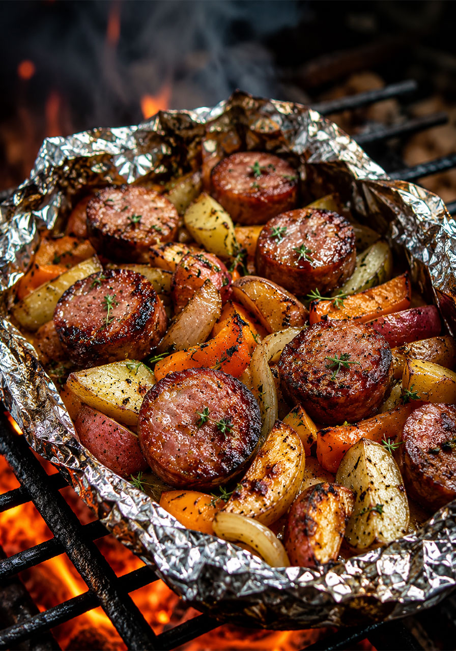 Sausage and potato hobo dinner foil pack recipe for campfire cooking