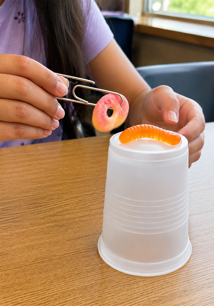 Save Fred STEM activity scenario showing gummy worm stranded on overturned cup boat