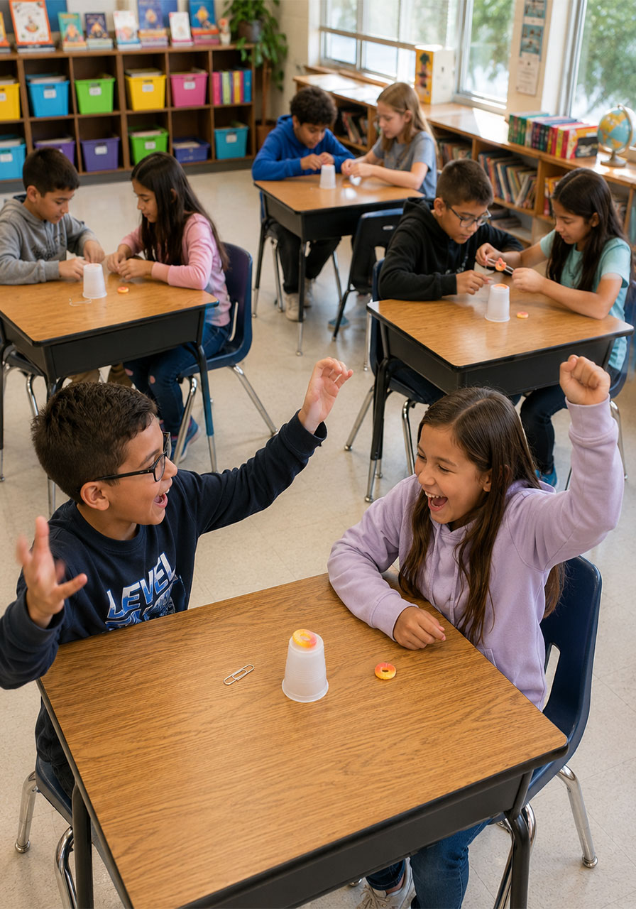 Elementary classroom students participating in the Save Fred STEM team-building activity