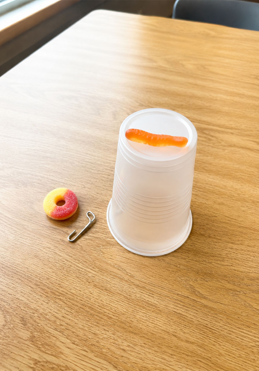 Save Fred STEM activity setup with gummy worm, peach ring, and paper clip