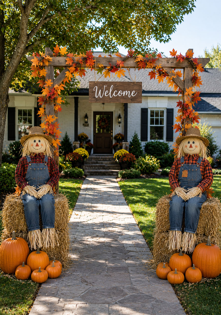Family-friendly scarecrow and hay bale welcome arch for fall and Halloween