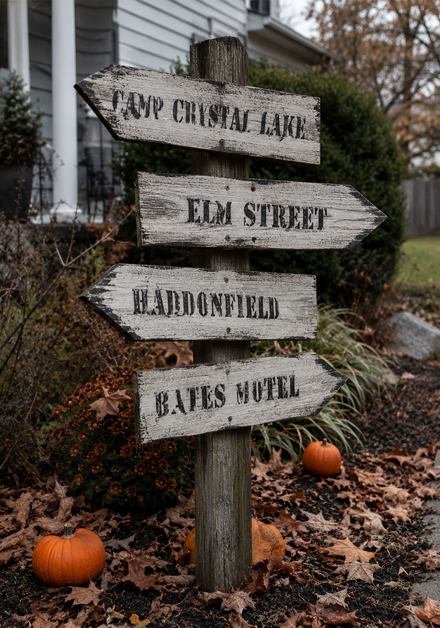 DIY horror movie location signpost Halloween yard décor