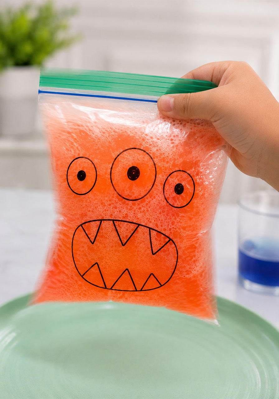 Sealing and shaking the zip-lock bag to mix the monster science experiment