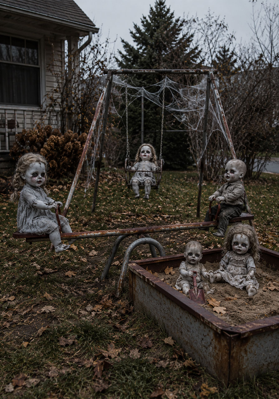 Creepy dolls posed on a seesaw and swing set for Halloween yard decoration