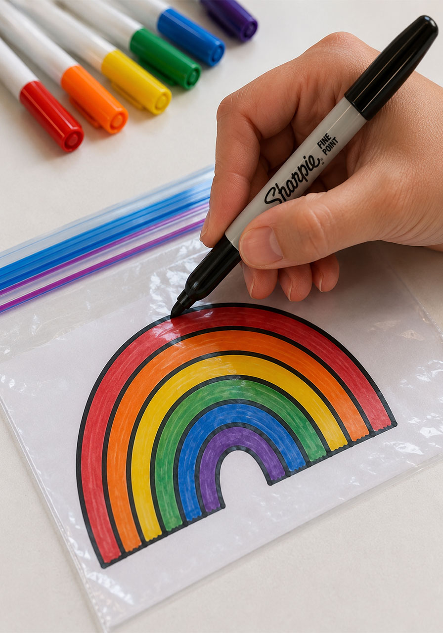 Tracing rainbow drawing with black Sharpie marker on sealed plastic bag for refraction experiment