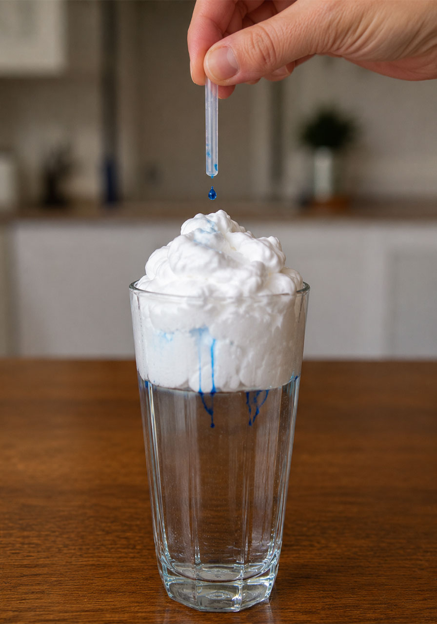 Dripping blue food coloring water onto a shaving cream cloud to demonstrate precipitation