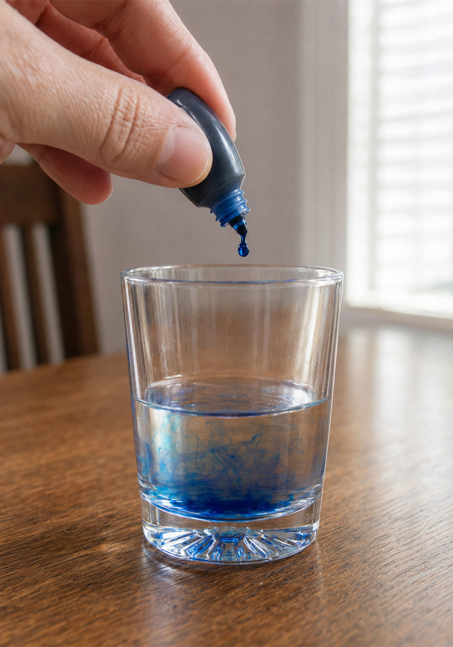 Preparing blue food coloring rain water for the shaving cream cloud science experiment