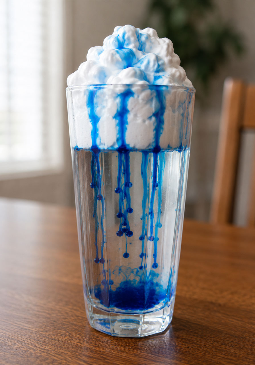 Blue rain streaming through a saturated shaving cream cloud during a precipitation science experiment
