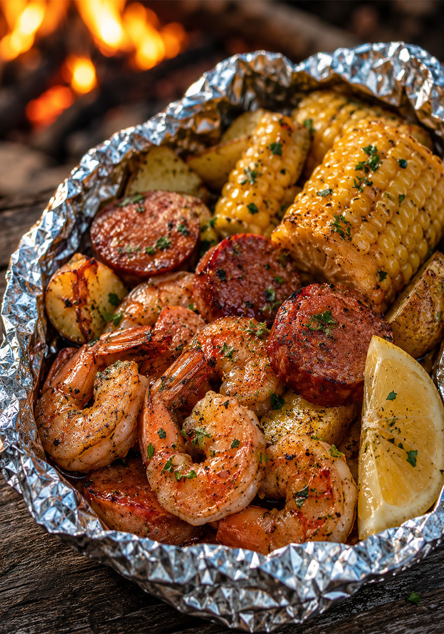 Shrimp boil foil pack recipe with corn potatoes and sausage for camping