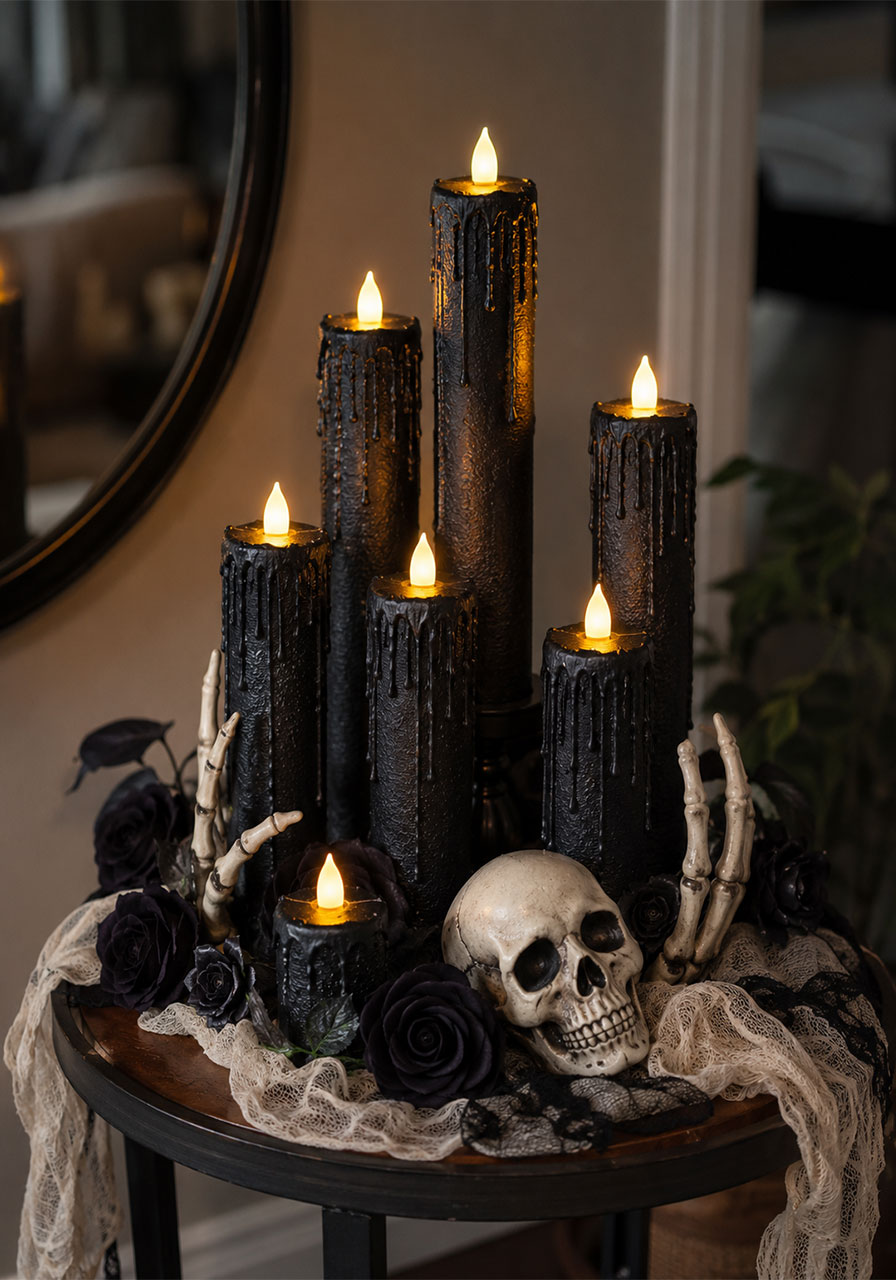Spooky skeleton candle shrine centerpiece for Halloween party table