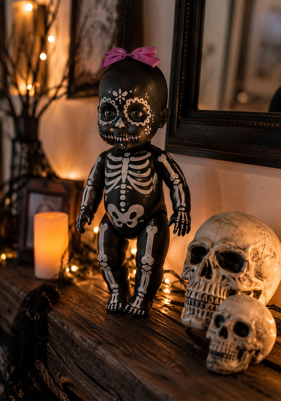 Hand-painted skeleton doll displayed on a mantel shelf with faux skulls for Halloween