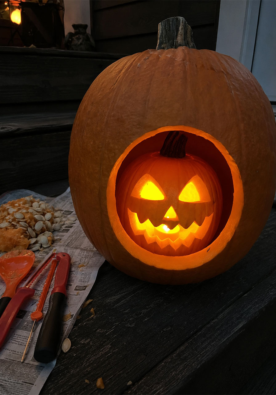 Skeleton skull glowing inside a carved pumpkin within a larger pumpkin Halloween DIY