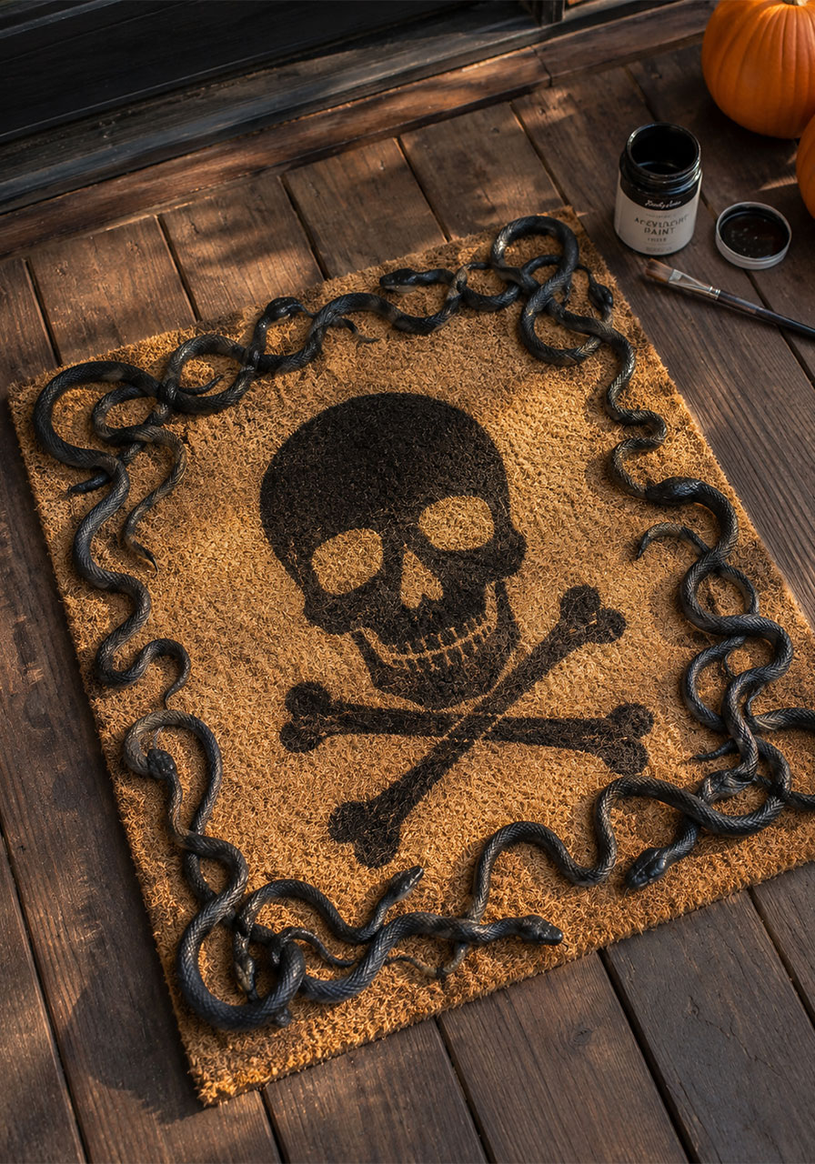 Skull and snake DIY Halloween doormat with painted design and rubber snake border on front porch