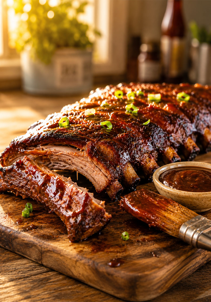 Slow cooker baby back ribs glazed with barbecue sauce