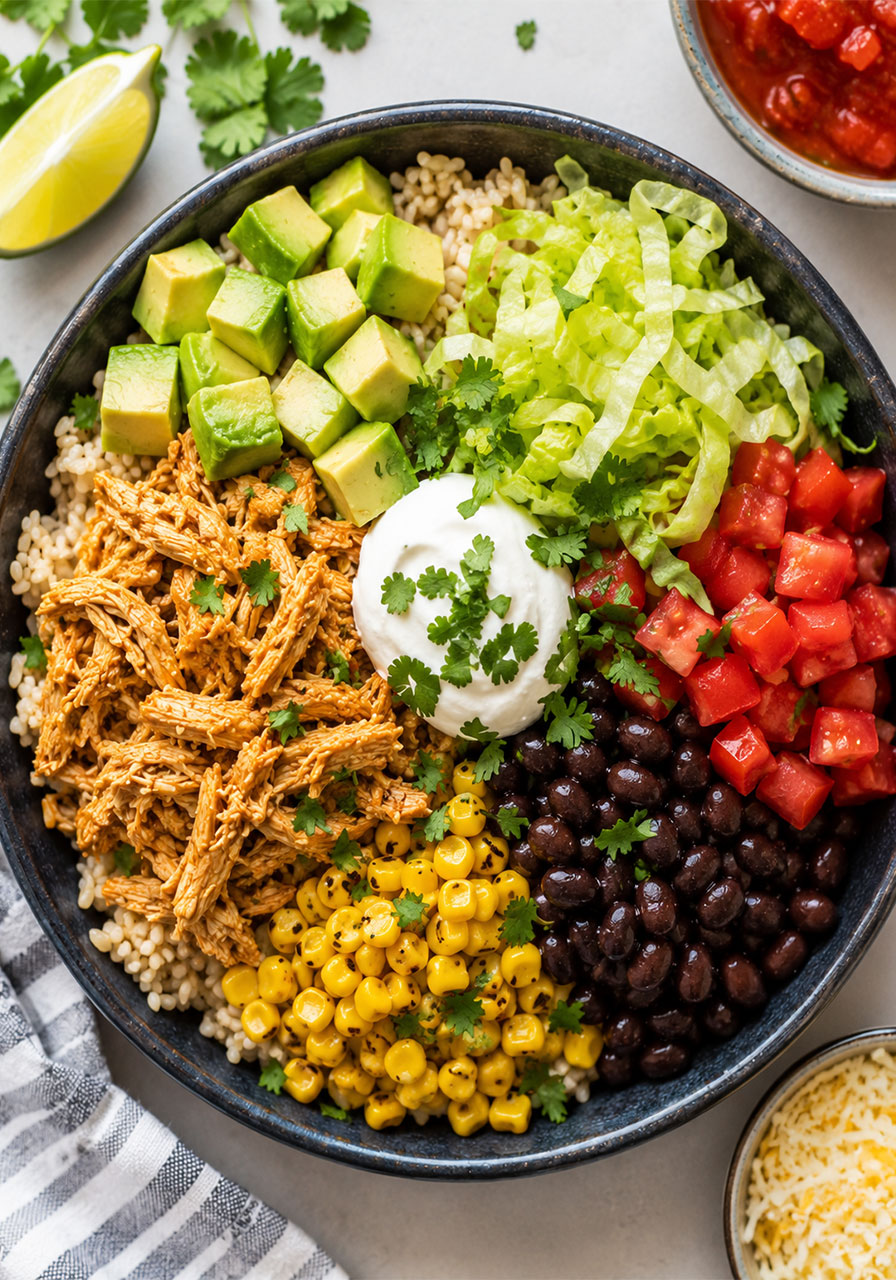 Slow cooker chicken burrito bowl with black beans and avocado