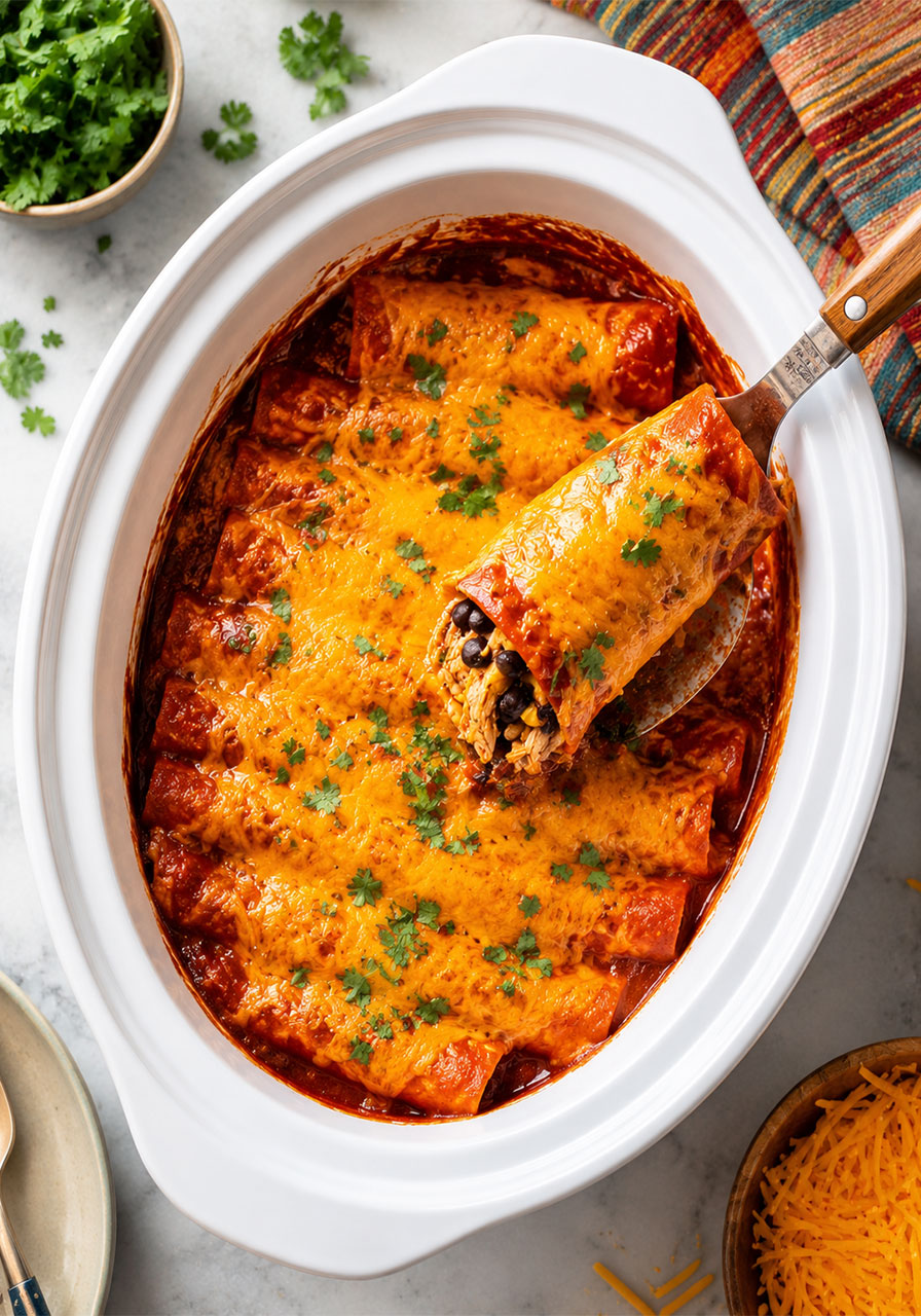 Easy slow cooker chicken enchiladas with melted cheddar cheese