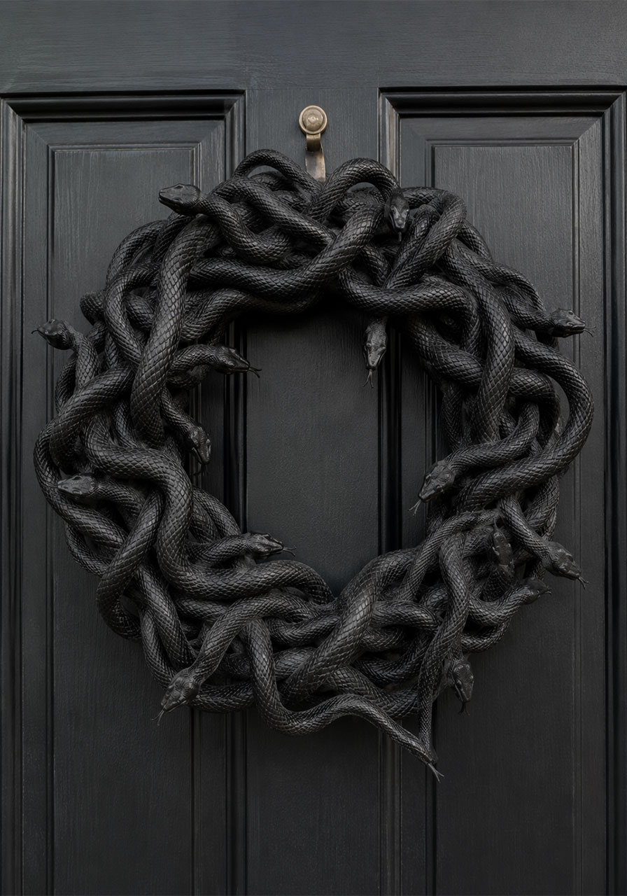 Black spray-painted snake wreath DIY hanging on front door for Halloween