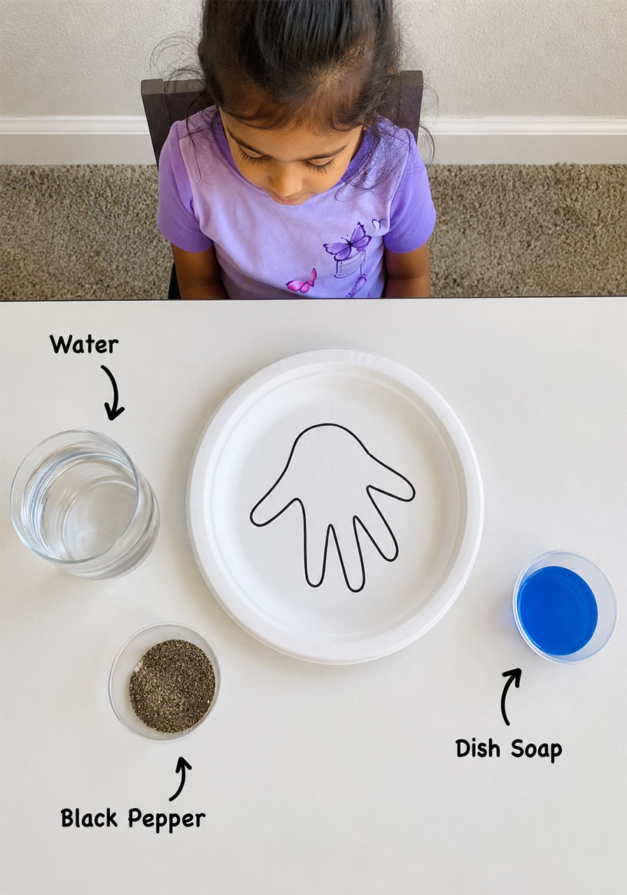 Materials needed for the soap and pepper STEM experiment including water, pepper, and dish soap