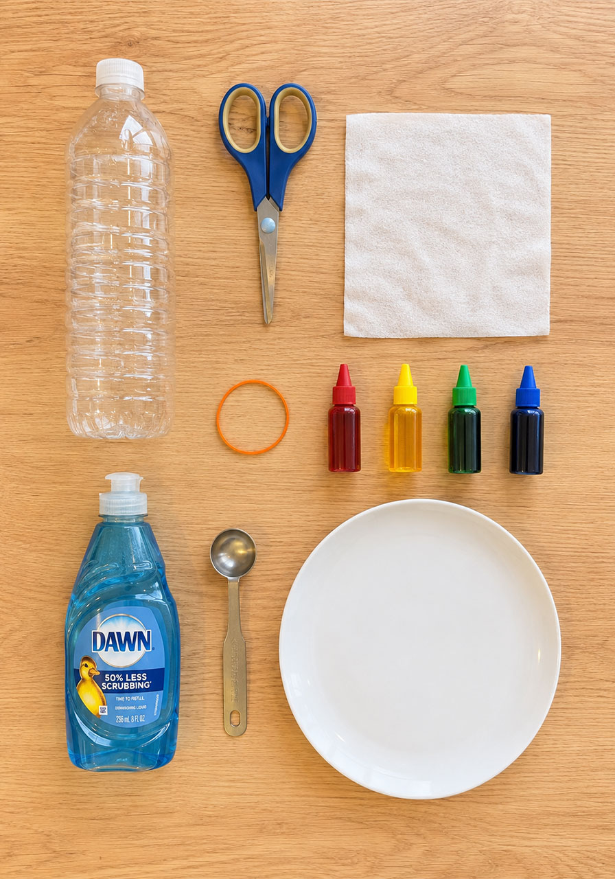 Materials needed for soapy rainbow bubble snake STEM activity including bottle, food coloring, and dish soap