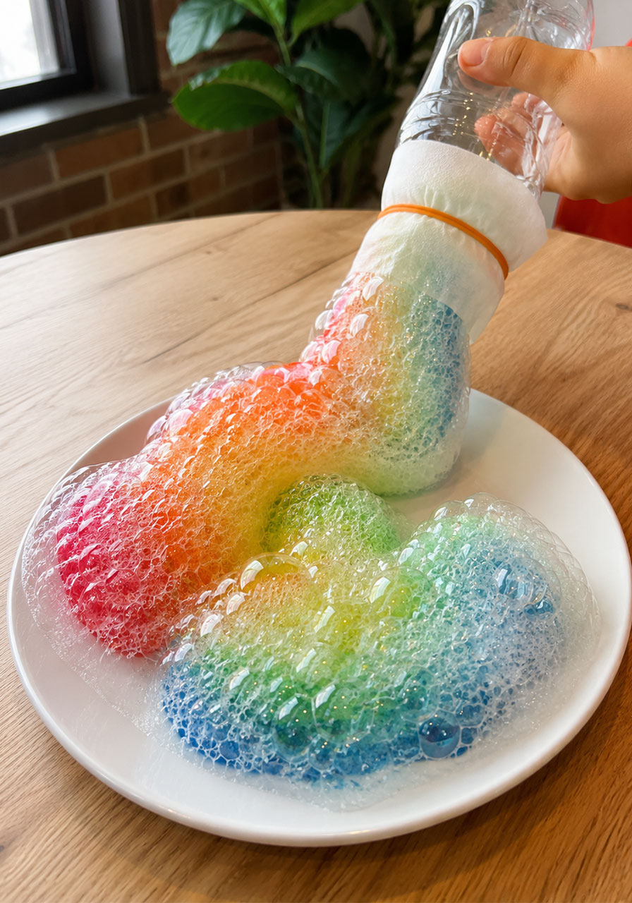 Finished soapy rainbow bubble snake STEM activity for kids on a white plate