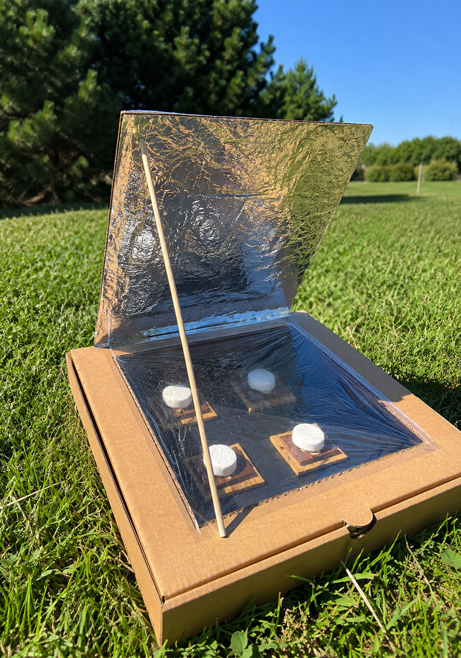 Pizza box solar oven cooking s'mores outside in direct sunlight